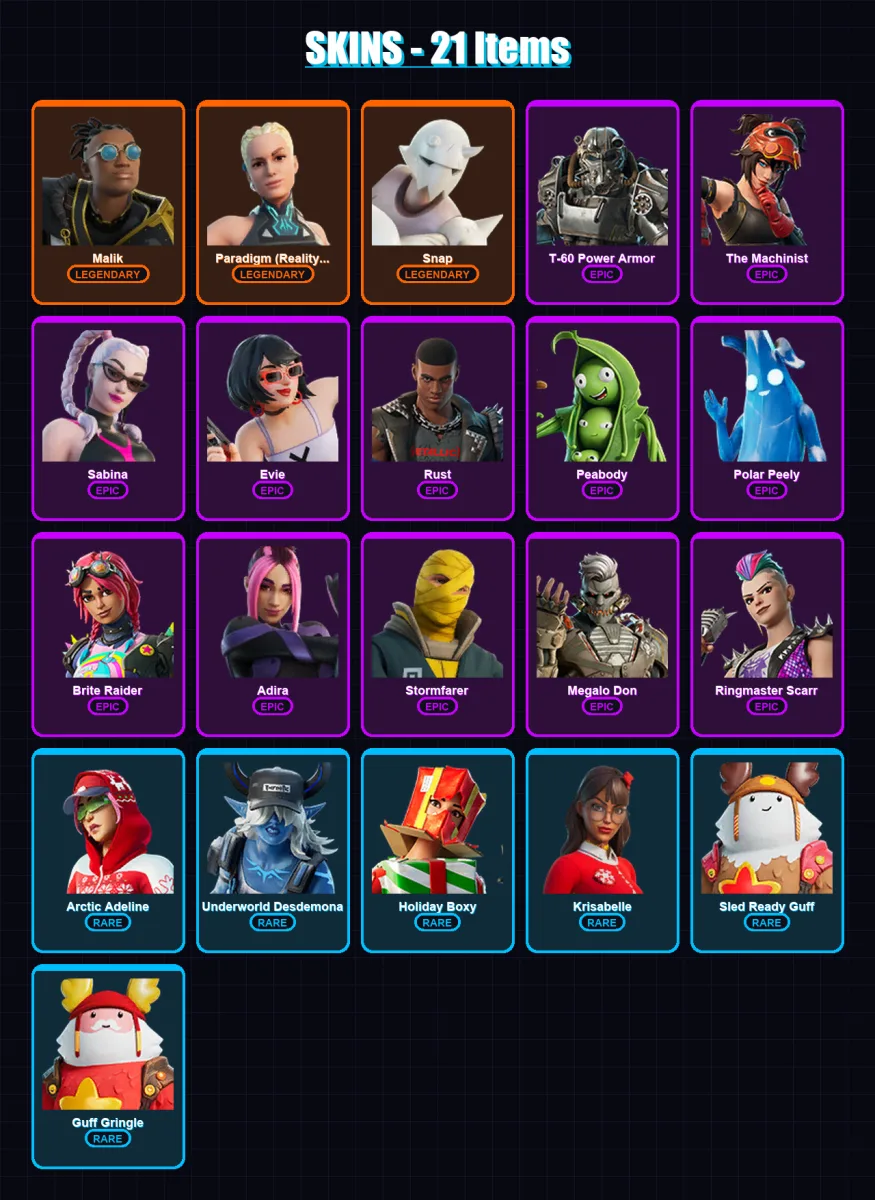 [PC/XBOX] | Malik | Paradigm (Reality-659) | Snap | T-60 Power Armor | The Machinist | 21 skin | 31 pickaxe | 25 emote | 38 glider | Lv440 — Fortnite account