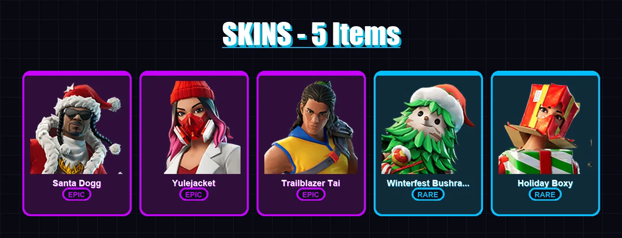 [PC/XBOX/PSN] | Santa Dogg | Yulejacket | Trailblazer Tai | Winterfest Bushranger | Holiday Boxy | 5 skin | 32 pickaxe | 12 emote | 21 glider | Lv30