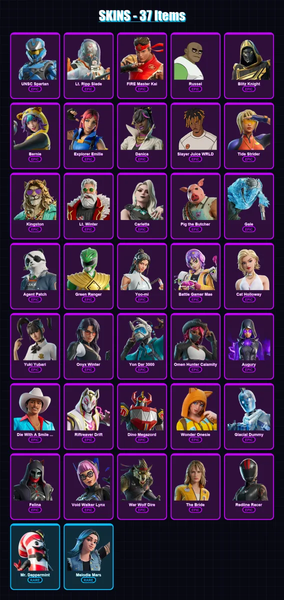 [PC/XBOX/PSN] | UNSC Spartan | Lt. Ripp Slade | FIRE Master Kai | Russel | Blitz Knight | 37 skin | 72 pickaxe | 51 emote | 39 glider | Lv491