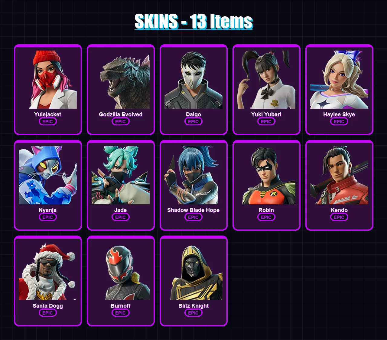 [PS4/PS5/XBOX/PC] | Yulejacket | Godzilla Evolved | Daigo | Yuki Yubari | Haylee Skye | 13 skin | 33 pickaxe | 17 emote | 23 glider | Lv183 — Fortnite account