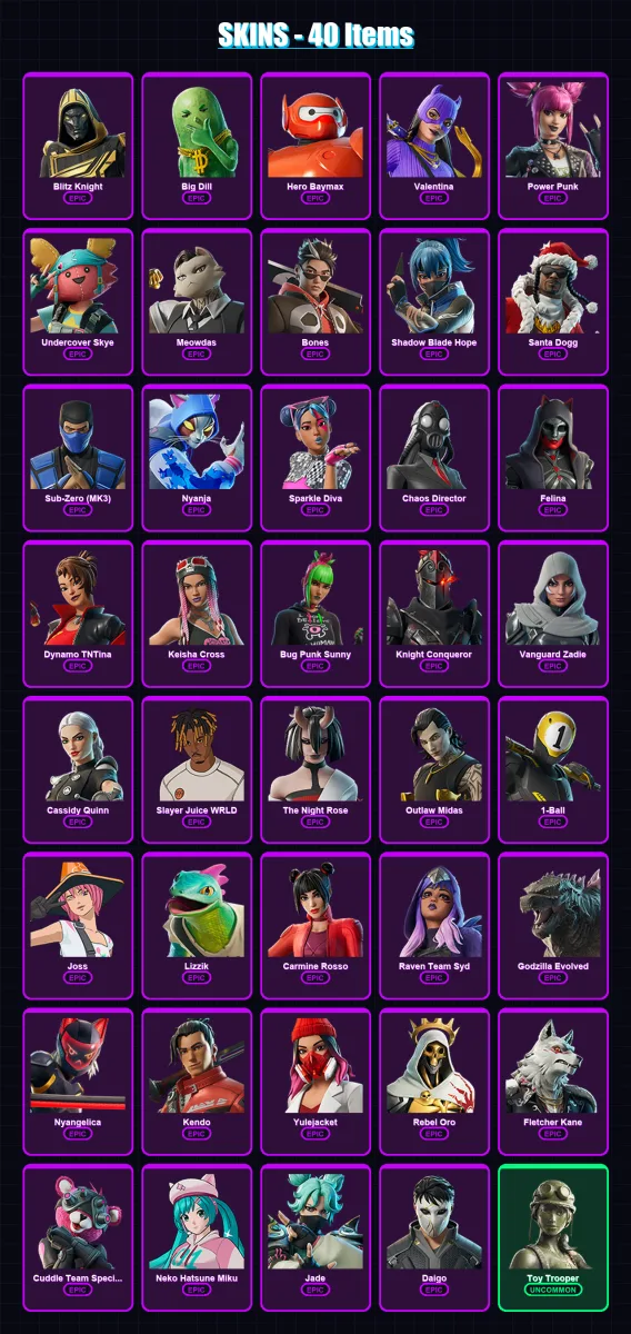 [SWITCH/PSN/PC] | Blitz Knight | Big Dill | Hero Baymax | Valentina | Power Punk | 40 skin | 81 pickaxe | 53 emote | 54 glider | Lv888