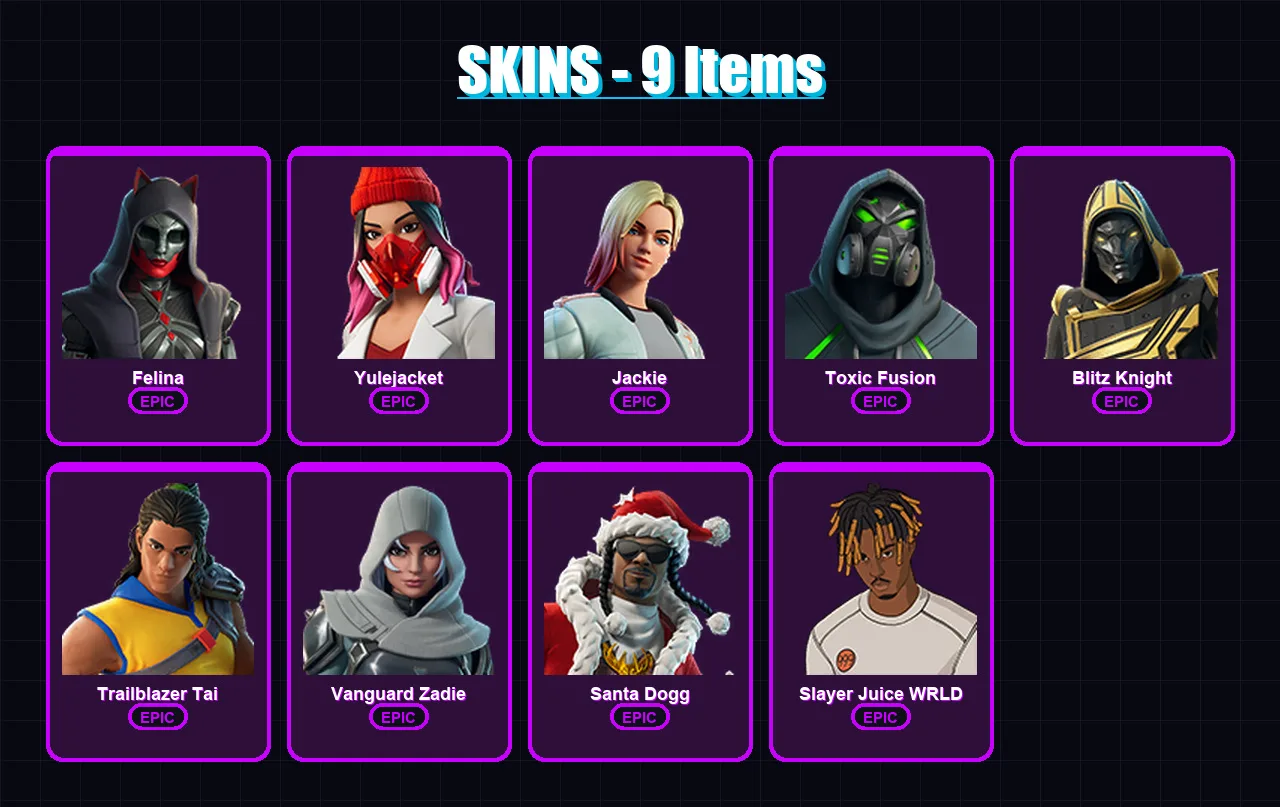 [PC/XBOX/PSN] | Felina | Yulejacket | Jackie | Toxic Fusion | Blitz Knight | 9 skin | 58 pickaxe | 23 emote | 33 glider | Lv1135