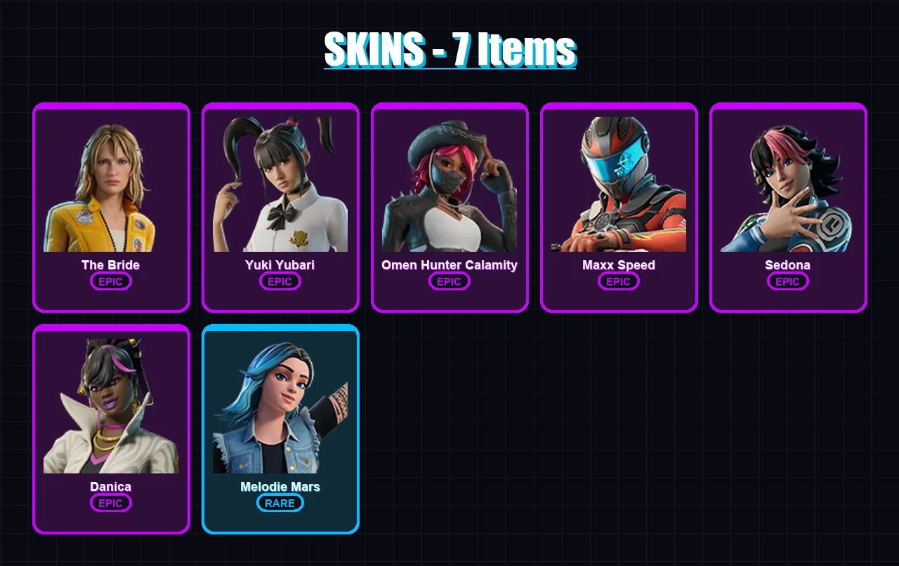 [PC/PSN] | The Bride | Yuki Yubari | Omen Hunter Calamity | Maxx Speed | Sedona | 7 skin | 3 pickaxe | 2 emote | 3 glider | Lv19