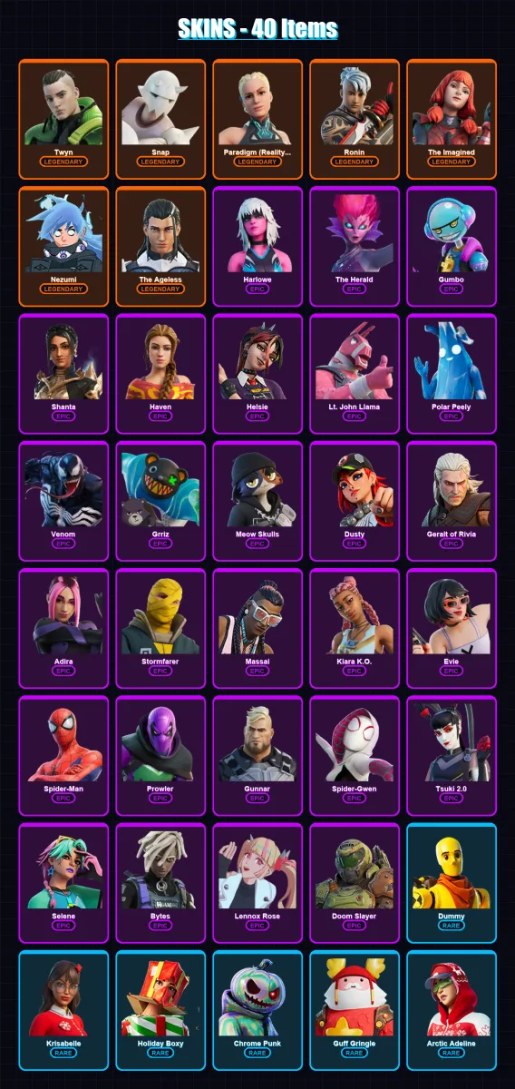 [PC/XBOX] | Twyn | Snap | Paradigm (Reality-659) | Ronin | The Imagined | 40 skin | 54 pickaxe | 32 emote | 55 glider | Lv697