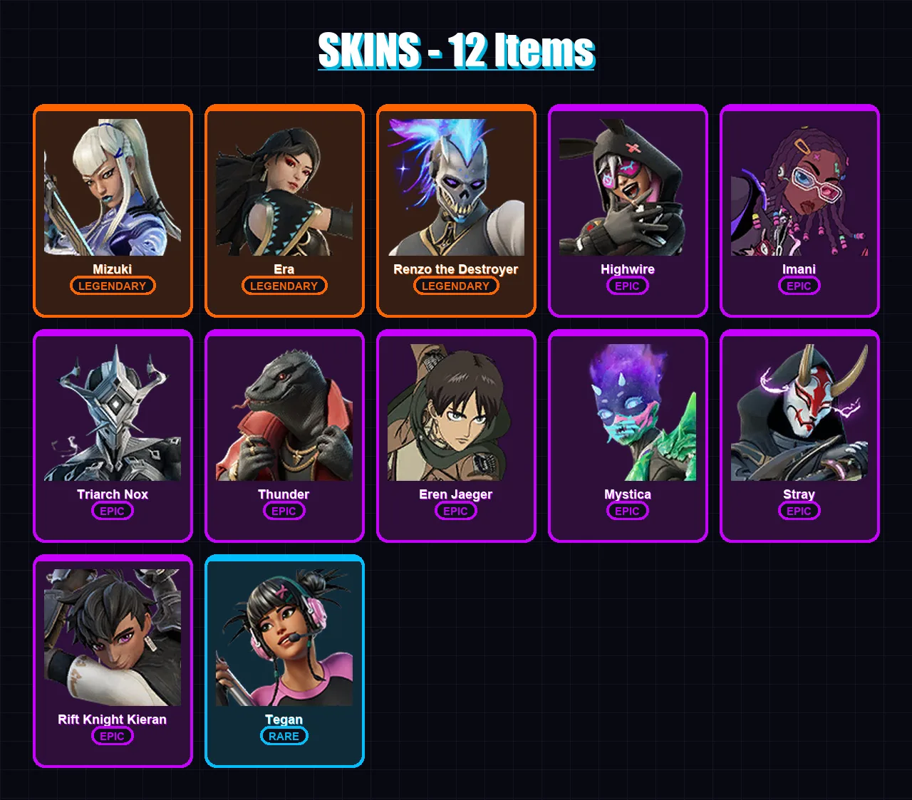 [PC/XBOX] | Mizuki | Era | Renzo the Destroyer | Highwire | Imani | 12 skin | 18 pickaxe | 12 emote | 12 glider | Lv156