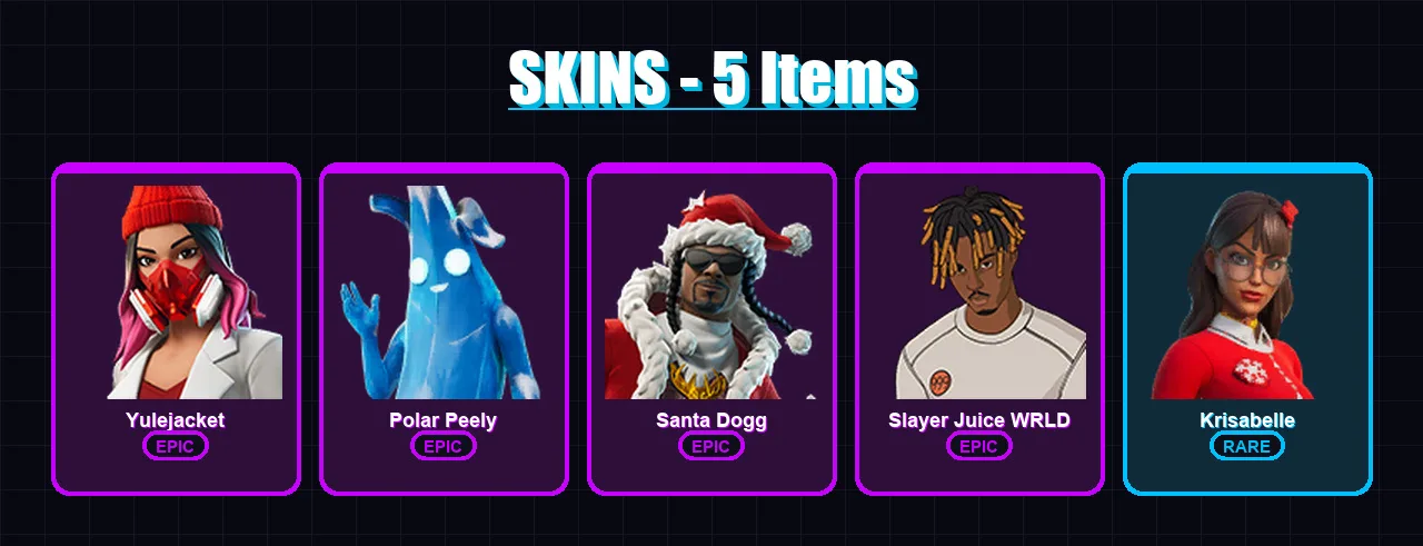 [PS4/PS5/XBOX/PC] | Yulejacket | Polar Peely | Santa Dogg | Slayer Juice WRLD | Krisabelle | 5 skin | 21 pickaxe | 9 emote | 16 glider | Lv118