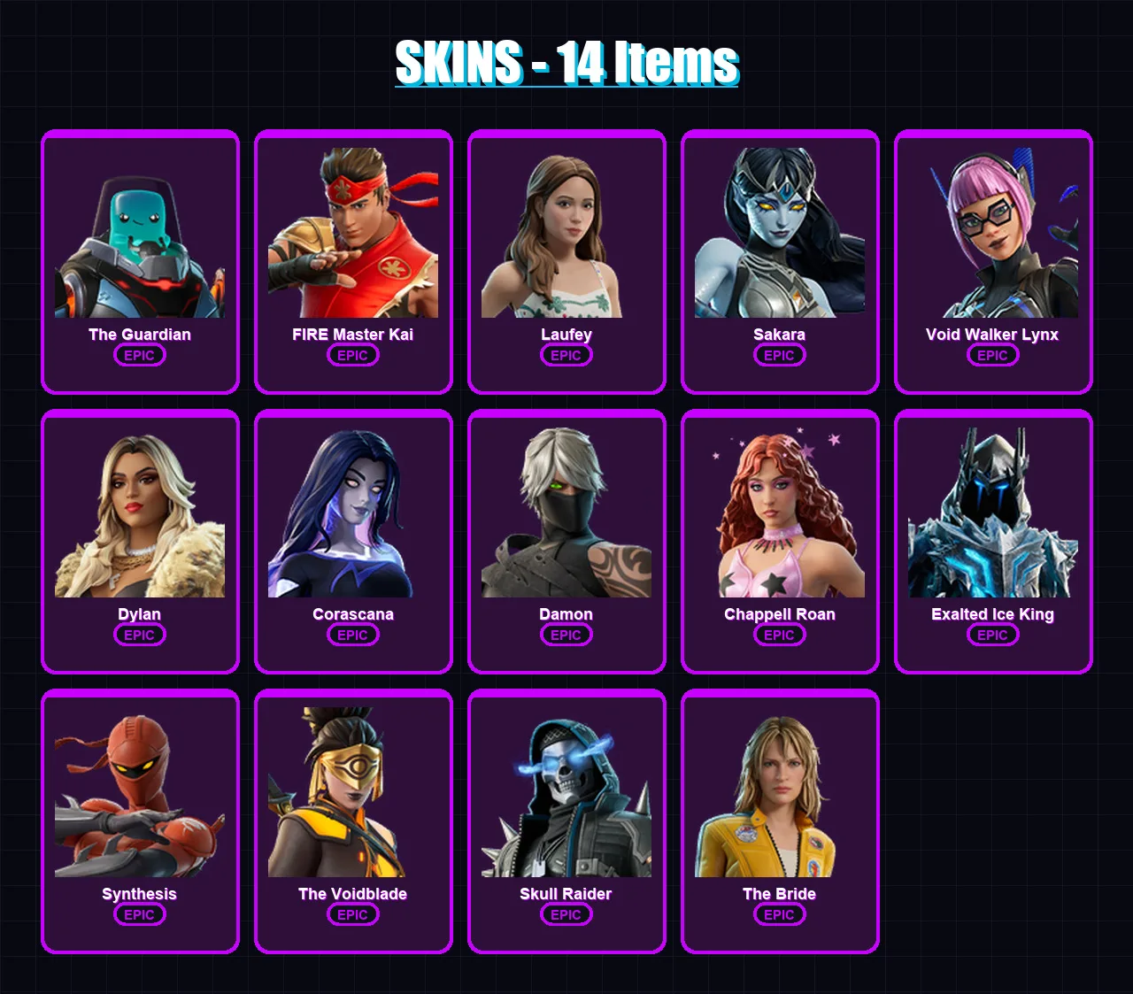 [PC/XBOX/PSN] | The Guardian | FIRE Master Kai | Laufey | Sakara | Void Walker Lynx | 14 skin | 8 pickaxe | 1 emote | 4 glider | Lv8