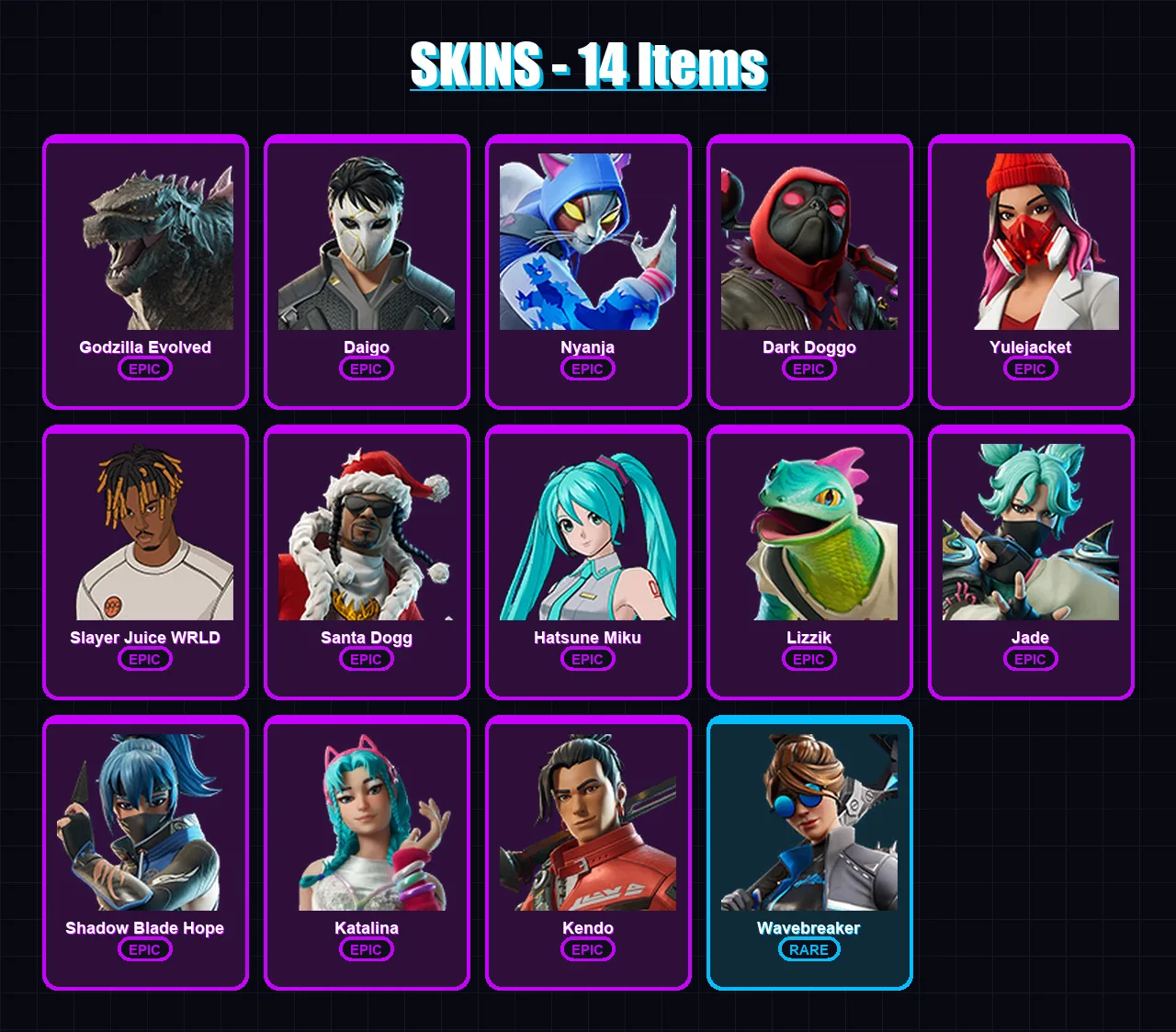 [PC/PSN] | Godzilla Evolved | Daigo | Nyanja | Dark Doggo | Yulejacket | 14 skin | 34 pickaxe | 25 emote | 25 glider | Lv242
