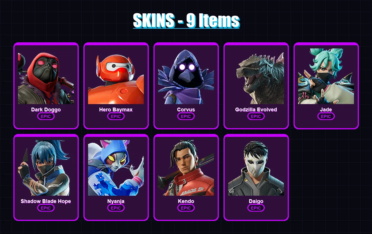 [PC/XBOX/PSN] | Dark Doggo | Hero Baymax | Corvus | Godzilla Evolved | Jade | 9 skin | 8 pickaxe | 15 emote | 13 glider | Lv59