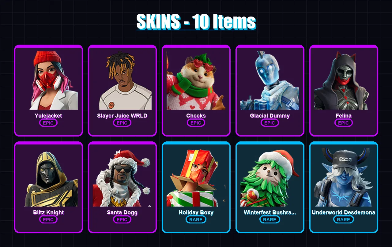 [PS4/PS5/XBOX/PC] | Yulejacket | Slayer Juice WRLD | Cheeks | Glacial Dummy | Felina | 10 skin | 42 pickaxe | 17 emote | 26 glider | Lv434 — Fortnite account