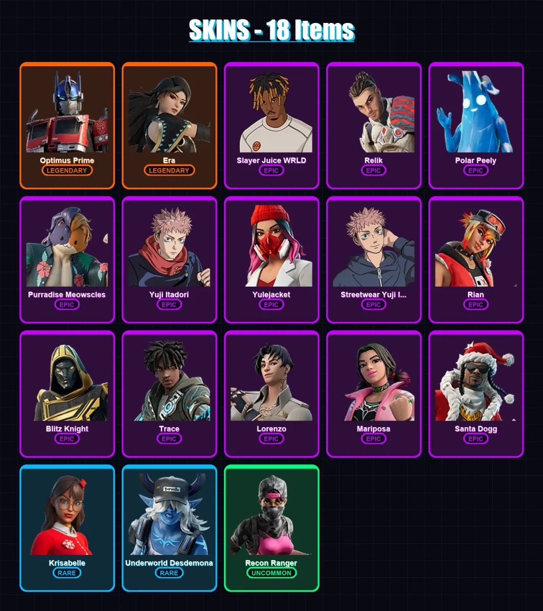 [PC/PSN] | Optimus Prime | Era | Slayer Juice WRLD | Relik | Polar Peely | 18 skin | 60 pickaxe | 37 emote | 47 glider | Lv996