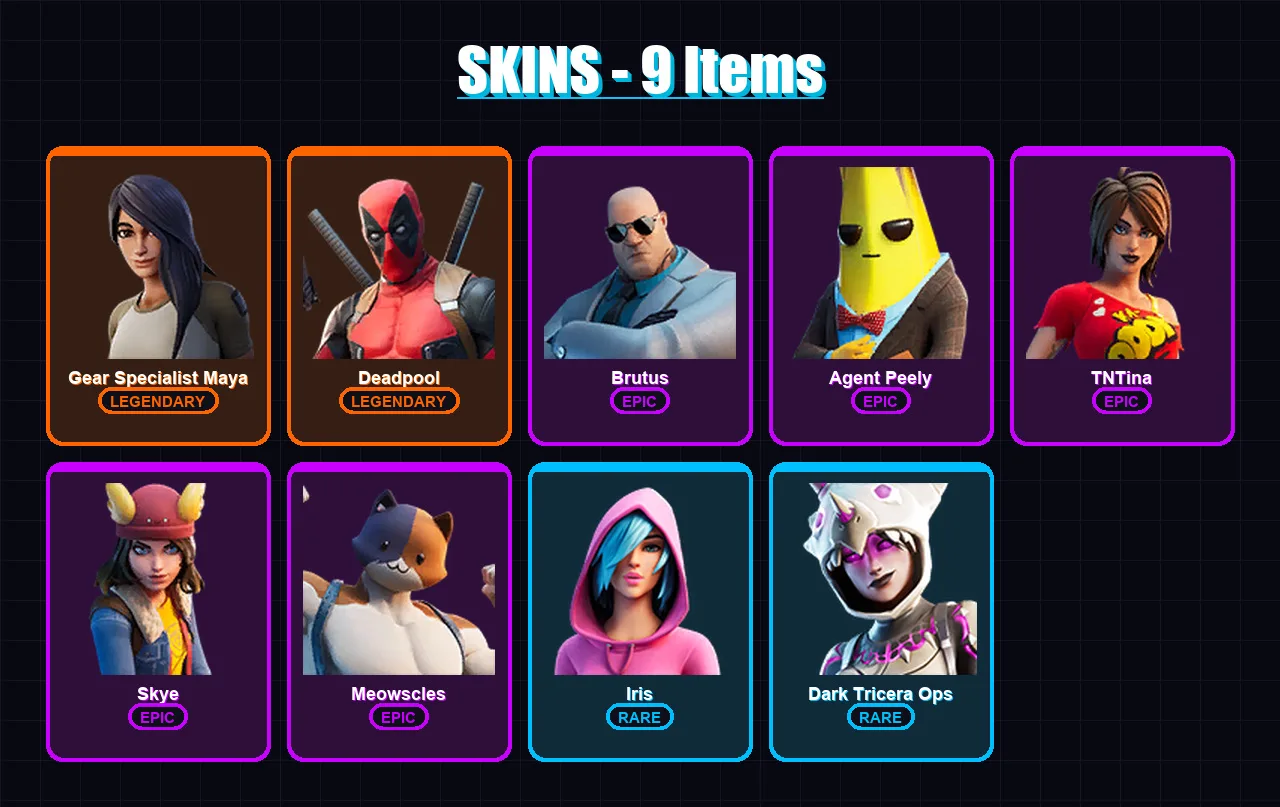[PC/XBOX/PSN] | Gear Specialist Maya | Deadpool | Brutus | Agent Peely | TNTina | 9 skin | 11 pickaxe | 15 emote | 12 glider | Lv144