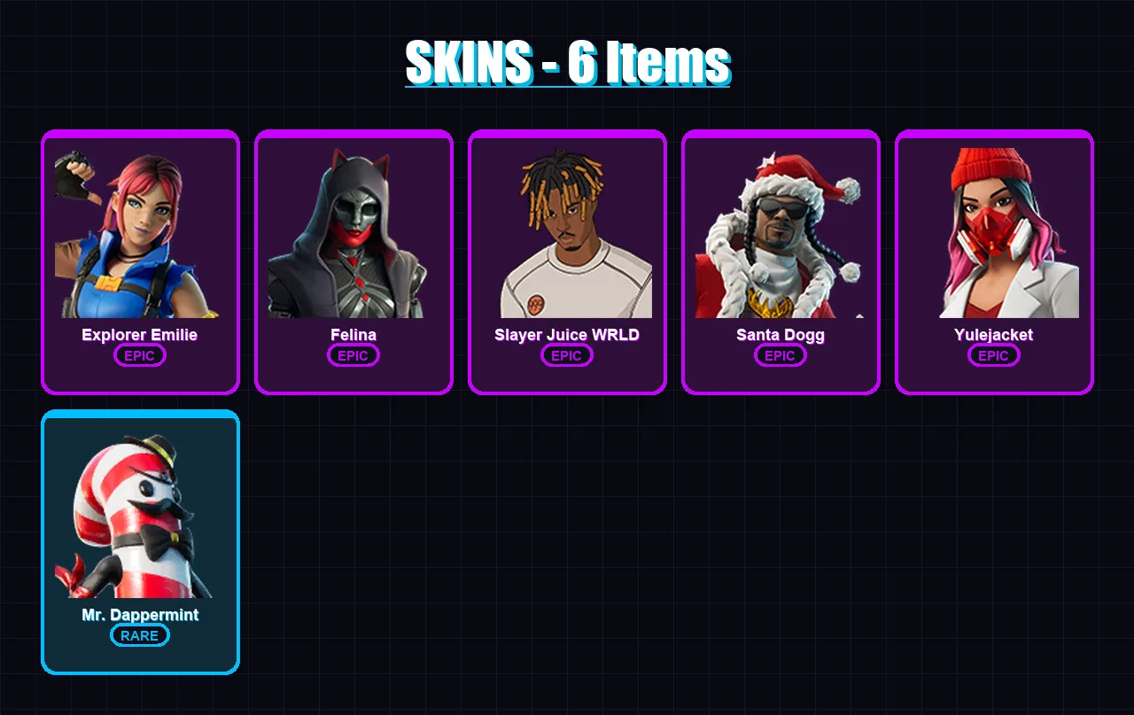 [PC/XBOX/PSN] | Explorer Emilie | Felina | Slayer Juice WRLD | Santa Dogg | Yulejacket | 6 skin | 17 pickaxe | 11 emote | 7 glider | Lv183