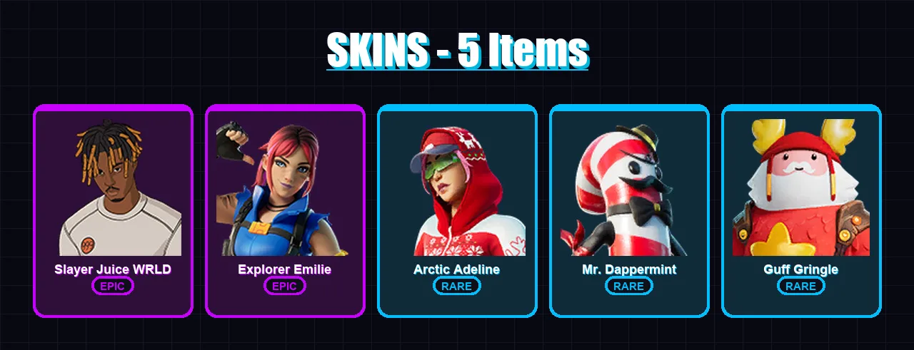[PC] | Slayer Juice WRLD | Explorer Emilie | Arctic Adeline | Mr. Dappermint | Guff Gringle | 5 skin | 8 pickaxe | 4 emote | 8 glider | Lv38