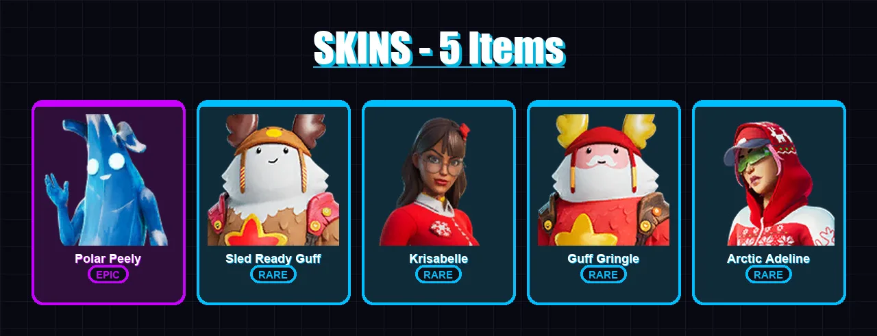 [PC/XBOX] | Polar Peely | Sled Ready Guff | Krisabelle | Guff Gringle | Arctic Adeline | 5 skin | 9 pickaxe | 8 emote | 15 glider | Lv124