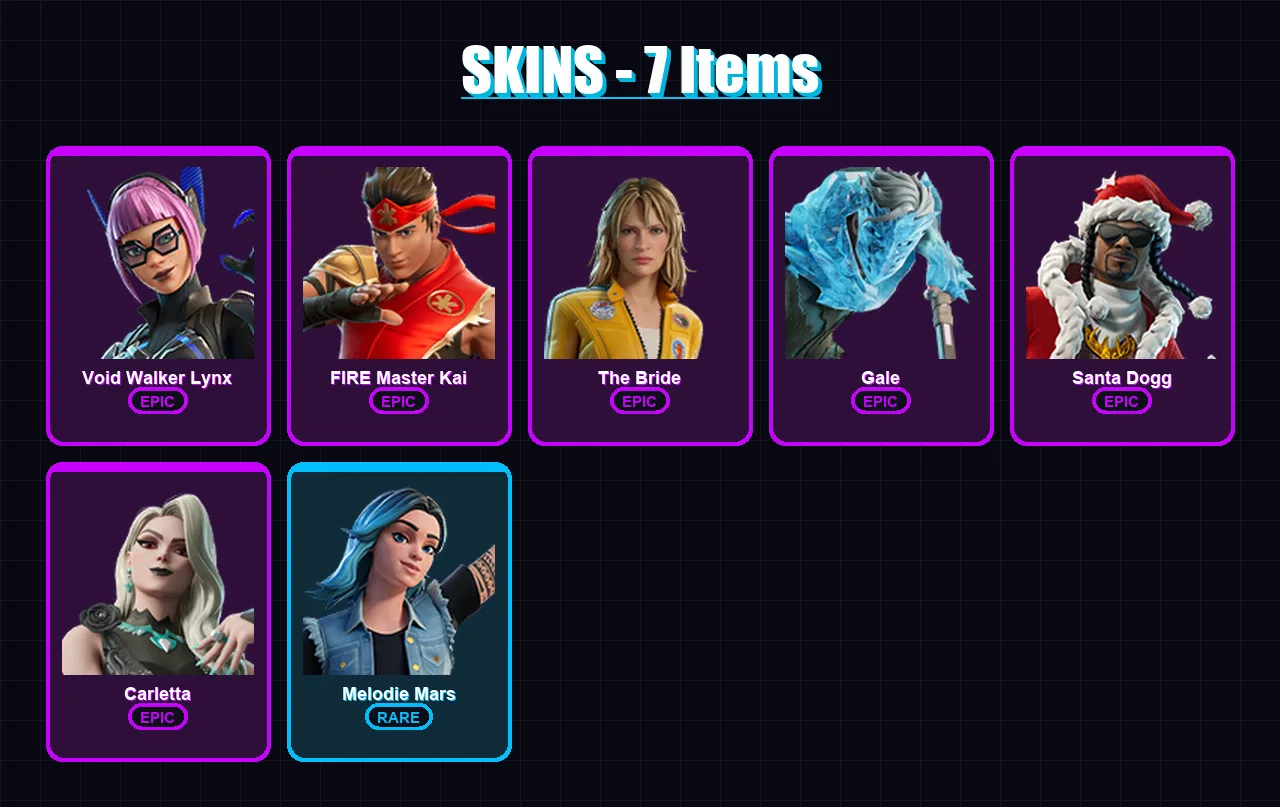 [PC/PSN] | Void Walker Lynx | FIRE Master Kai | The Bride | Gale | Santa Dogg | 7 skin | 11 pickaxe | 4 emote | 8 glider | Lv28