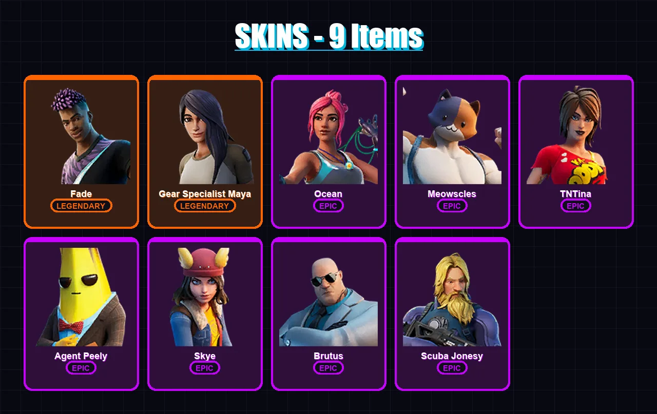[PC/XBOX/PSN] | Fade | Gear Specialist Maya | Ocean | Meowscles | TNTina | 9 skin | 10 pickaxe | 10 emote | 13 glider | Lv121