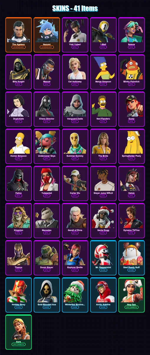 [SWITCH/XBOX/PSN/PC] | The Ageless | Nezumi | Yuki Yubari | 1-Ball | Selene | 41 skin | 101 pickaxe | 57 emote | 80 glider | Lv1644