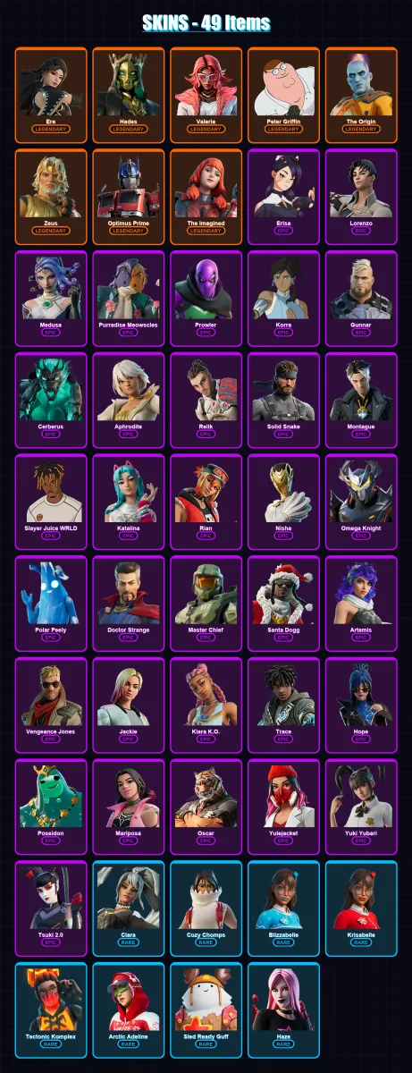 [PC/PSN] | Era | Hades | Valeria | Peter Griffin | The Origin | 49 skin | 80 pickaxe | 48 emote | 62 glider | Lv1101