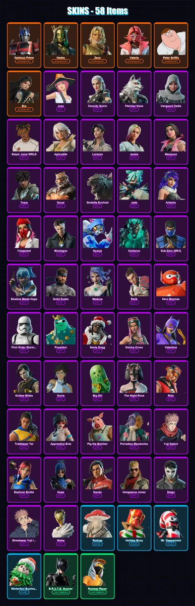 [PC/XBOX/PSN] | Optimus Prime | Hades | Zeus | Valeria | Peter Griffin | 58 skin | 85 pickaxe | 64 emote | 70 glider | Lv1166