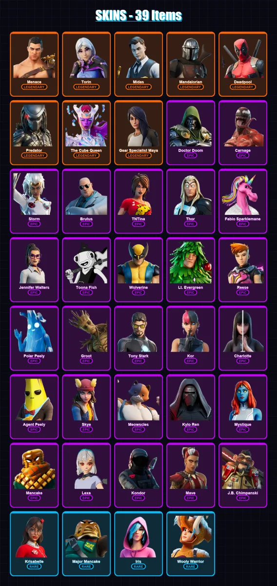 [PC/PSN] | Menace | Torin | Midas | Mandalorian | Deadpool | 39 skin | 51 pickaxe | 34 emote | 53 glider | Lv769