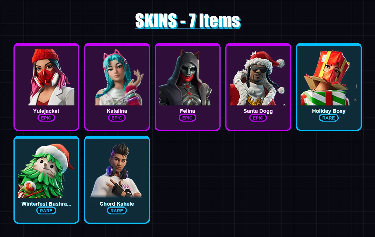 [PC/XBOX/PSN] | Yulejacket | Katalina | Felina | Santa Dogg | Holiday Boxy | 7 skin | 33 pickaxe | 12 emote | 21 glider | Lv411