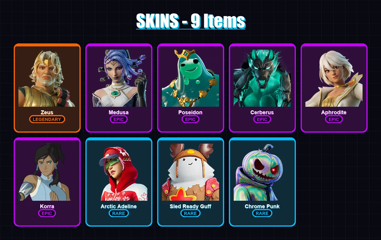 [PC/XBOX/PSN] | Zeus | Medusa | Poseidon | Cerberus | Aphrodite | 9 skin | 32 pickaxe | 18 emote | 31 glider | Lv516