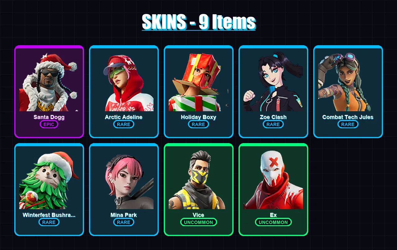 [PC] | Santa Dogg | Arctic Adeline | Holiday Boxy | Zoe Clash | Combat Tech Jules | 9 skin | 31 pickaxe | 12 emote | 21 glider | Lv263