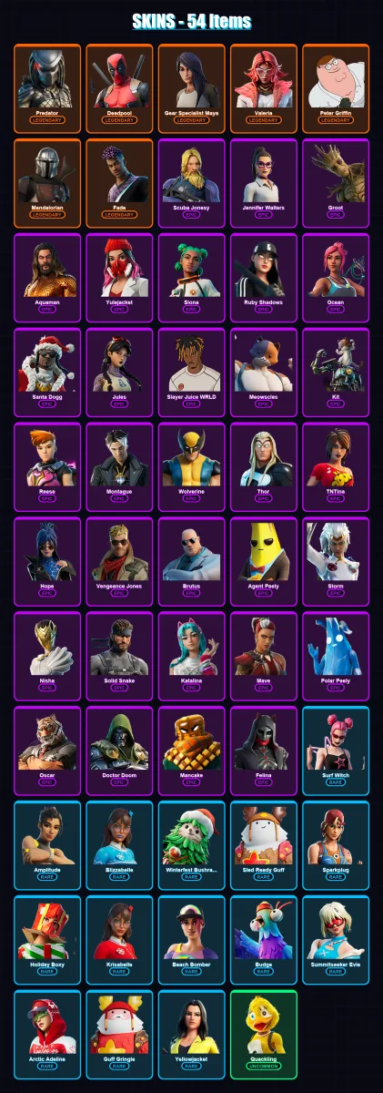 [PS4/PS5/XBOX/PC] | Predator | Deadpool | Gear Specialist Maya | Valeria | Peter Griffin | 54 skin | 56 pickaxe | 39 emote | 52 glider | Lv559