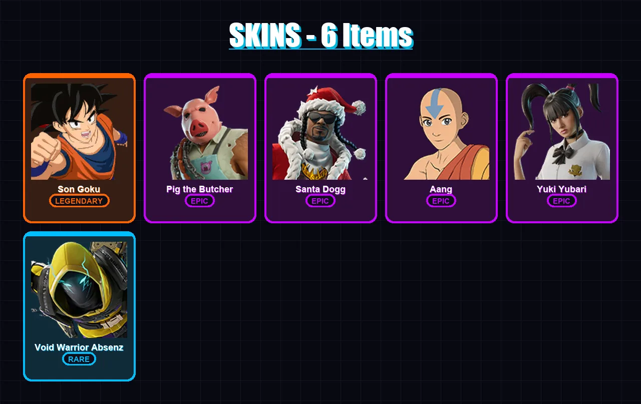 [SWITCH/XBOX/PC] | Son Goku | Pig the Butcher | Santa Dogg | Aang | Yuki Yubari | 6 skin | 36 pickaxe | 15 emote | 24 glider | Lv264