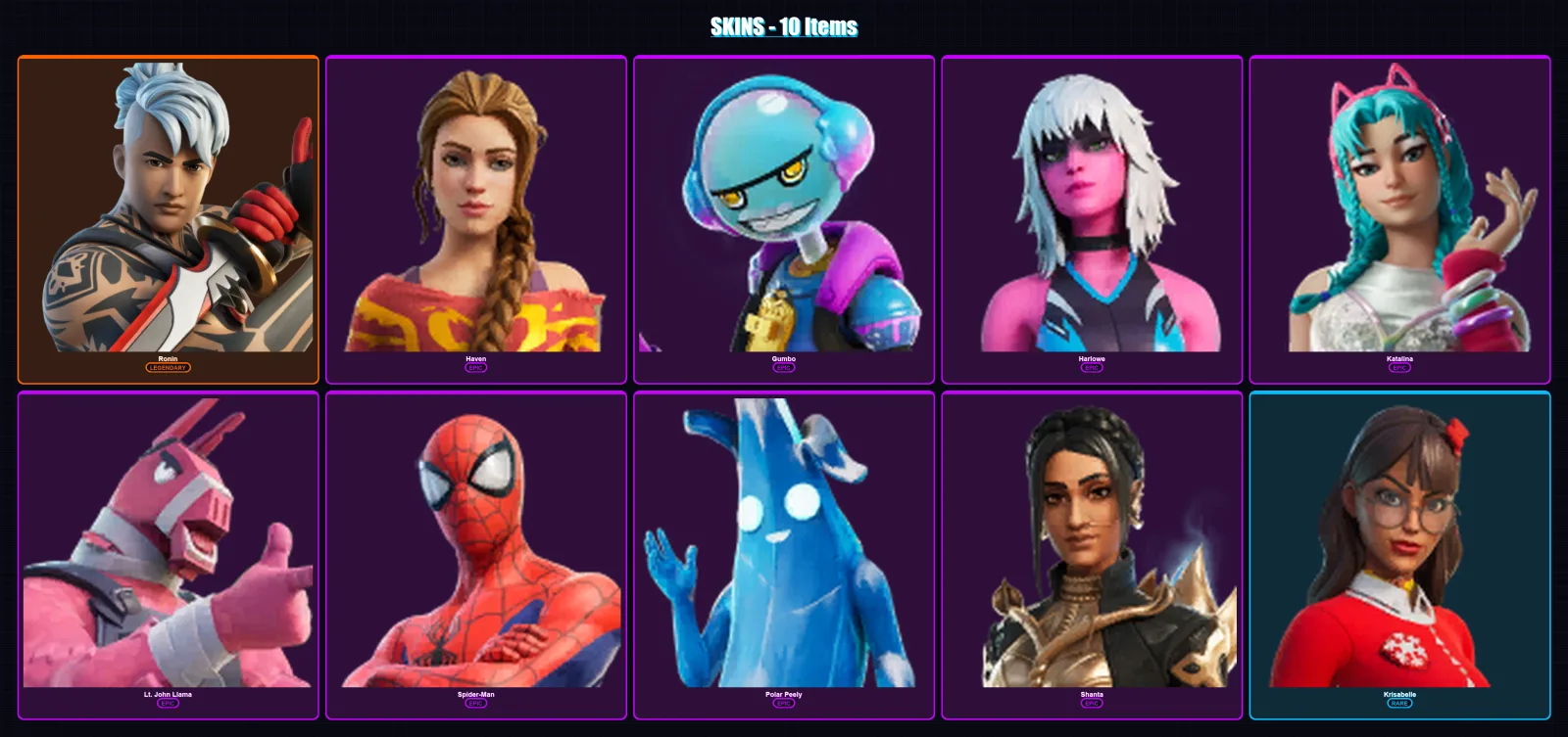[PC/XBOX/PSN] | Ronin | Haven | Gumbo | Harlowe | Katalina | 10 skin | 20 pickaxe | 11 emote | 17 glider | Lv267