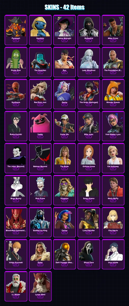 [PC/XBOX/PSN] | Pyreheart | Squibbly | Helsie Midnight | EsDeeKid | Miles Cross | 42 skin | 58 pickaxe | 36 emote | 36 glider | Lv363
