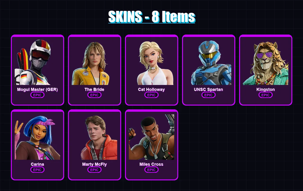 [PC/XBOX/PSN] | Mogul Master (GER) | The Bride | Cat Holloway | UNSC Spartan | Kingston | 8 skin | 14 pickaxe | 14 emote | 14 glider | Lv133