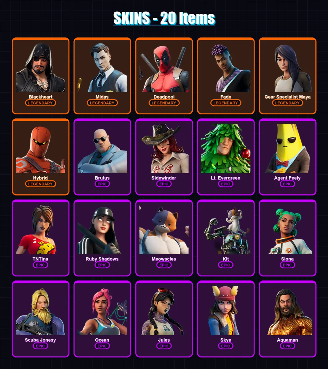 [PC/XBOX/PSN] | Blackheart | Midas | Deadpool | Fade | Gear Specialist Maya | 20 skin | 33 pickaxe | 38 emote | 35 glider | Lv589