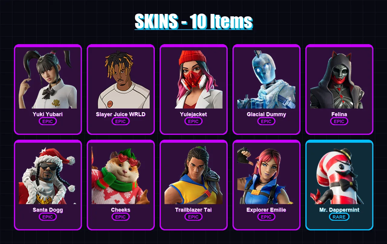 [PC/PSN] | Yuki Yubari | Slayer Juice WRLD | Yulejacket | Glacial Dummy | Felina | 10 skin | 45 pickaxe | 19 emote | 26 glider | Lv451