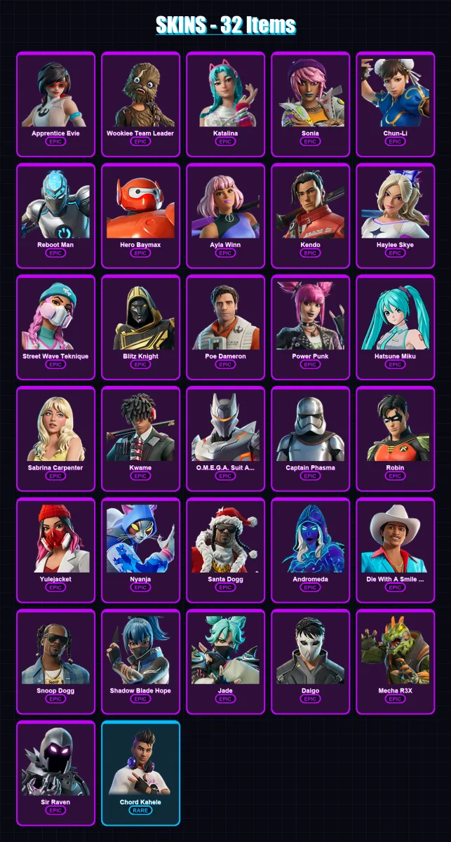 [PC/XBOX/PSN] | Apprentice Evie | Wookiee Team Leader | Katalina | Sonia | Chun-Li | 32 skin | 40 pickaxe | 31 emote | 21 glider | Lv174