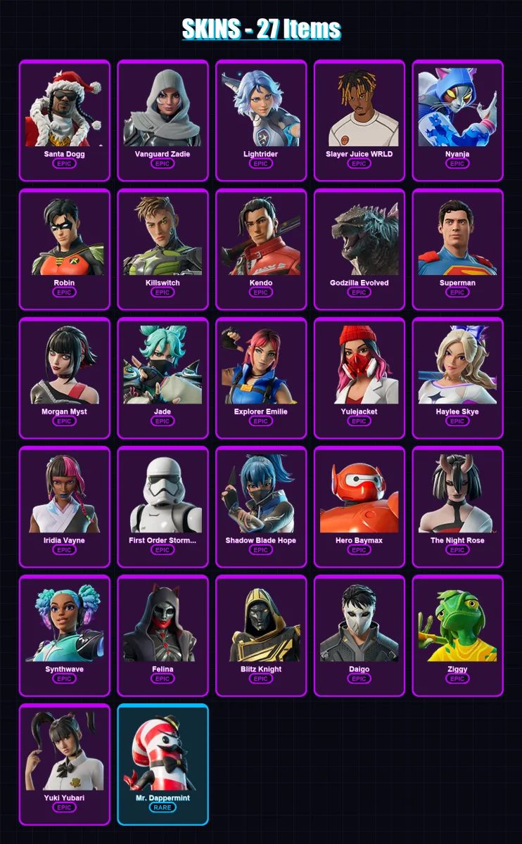 [PC/XBOX] | Santa Dogg | Vanguard Zadie | Lightrider | Slayer Juice WRLD | Nyanja | 27 skin | 79 pickaxe | 48 emote | 53 glider | Lv933