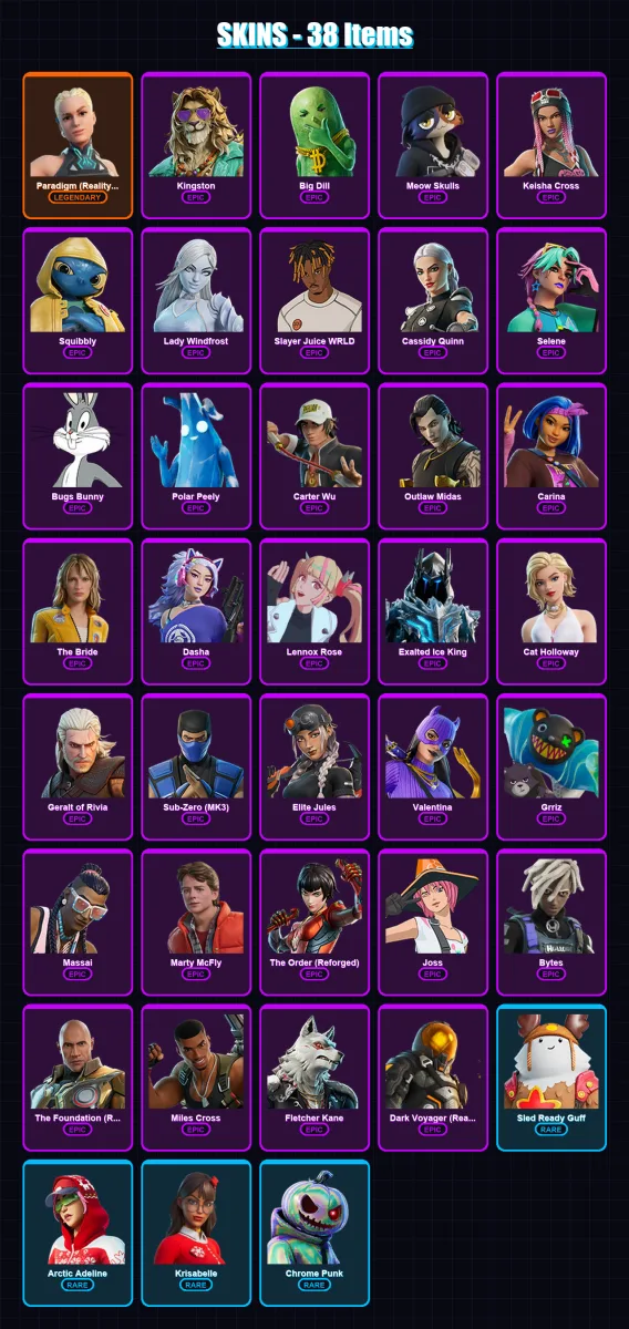 [PC/PSN] | Paradigm (Reality-659) | Kingston | Big Dill | Meow Skulls | Keisha Cross | 38 skin | 72 pickaxe | 46 emote | 59 glider | Lv742