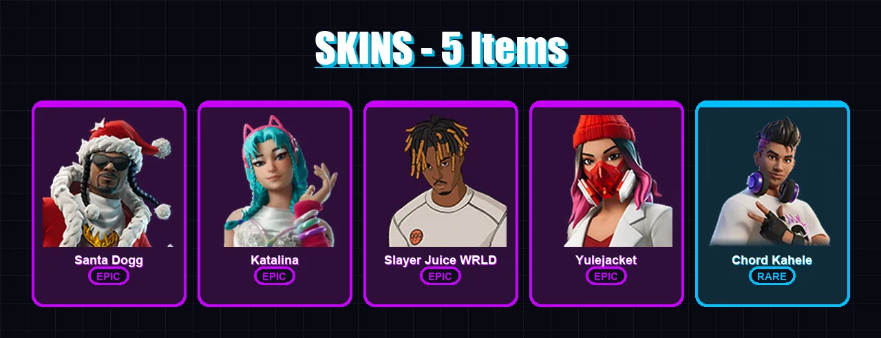 [PC/PSN] | Santa Dogg | Katalina | Slayer Juice WRLD | Yulejacket | Chord Kahele | 5 skin | 28 pickaxe | 13 emote | 16 glider | Lv226