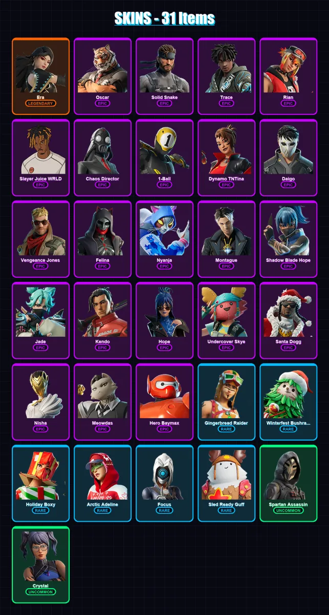 [PS4/PS5/XBOX/PC] | Era | Oscar | Solid Snake | Trace | Rian | 31 skin | 55 pickaxe | 38 emote | 48 glider | Lv729