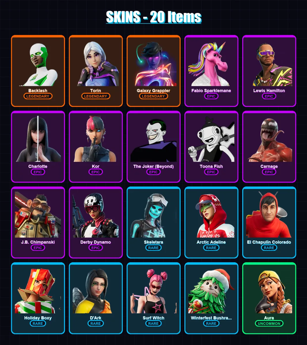 [PC/XBOX/PSN] | Backlash | Torin | Galaxy Grappler | Fabio Sparklemane | Lewis Hamilton | 20 skin | 32 pickaxe | 13 emote | 29 glider | Lv391 — Fortnite account