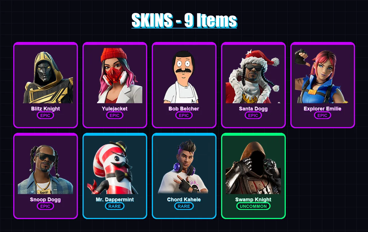 [PC/XBOX/PSN] | Blitz Knight | Yulejacket | Bob Belcher | Santa Dogg | Explorer Emilie | 9 skin | 30 pickaxe | 16 emote | 17 glider | Lv176
