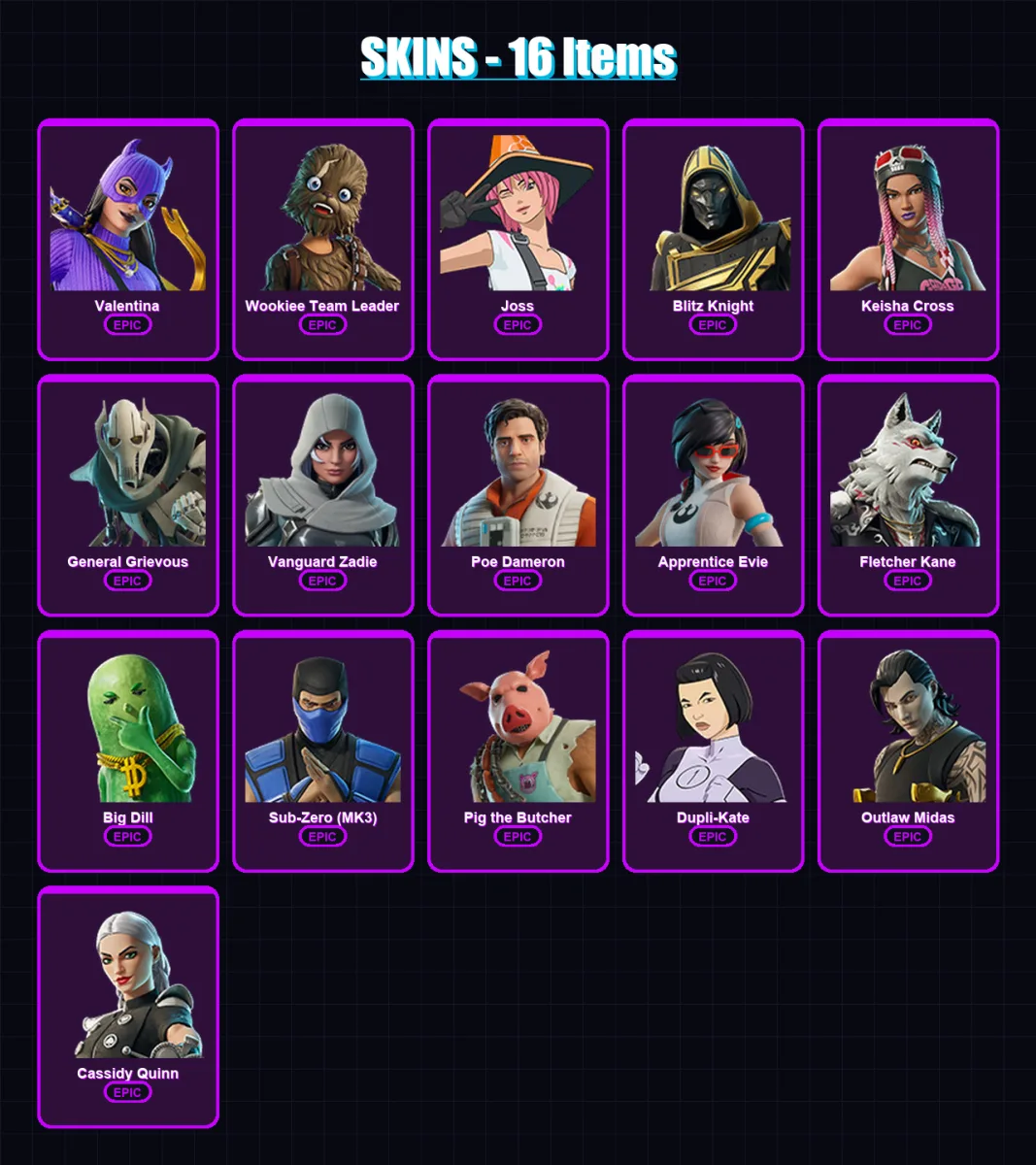 [PC/XBOX/PSN] | Valentina | Wookiee Team Leader | Joss | Blitz Knight | Keisha Cross | 16 skin | 46 pickaxe | 28 emote | 27 glider | Lv335