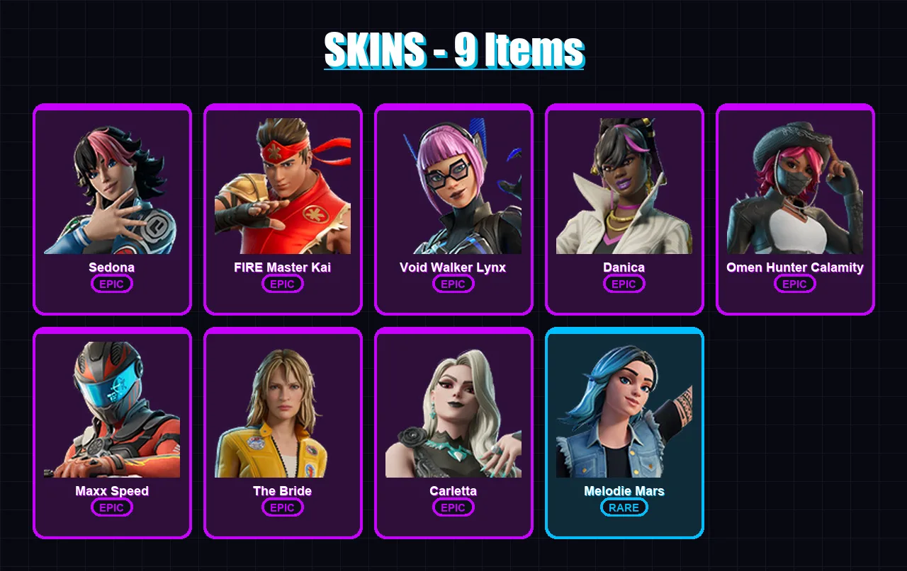 [PC/PSN] | Sedona | FIRE Master Kai | Void Walker Lynx | Danica | Omen Hunter Calamity | 9 skin | 5 pickaxe | 3 emote | 6 glider | Lv48