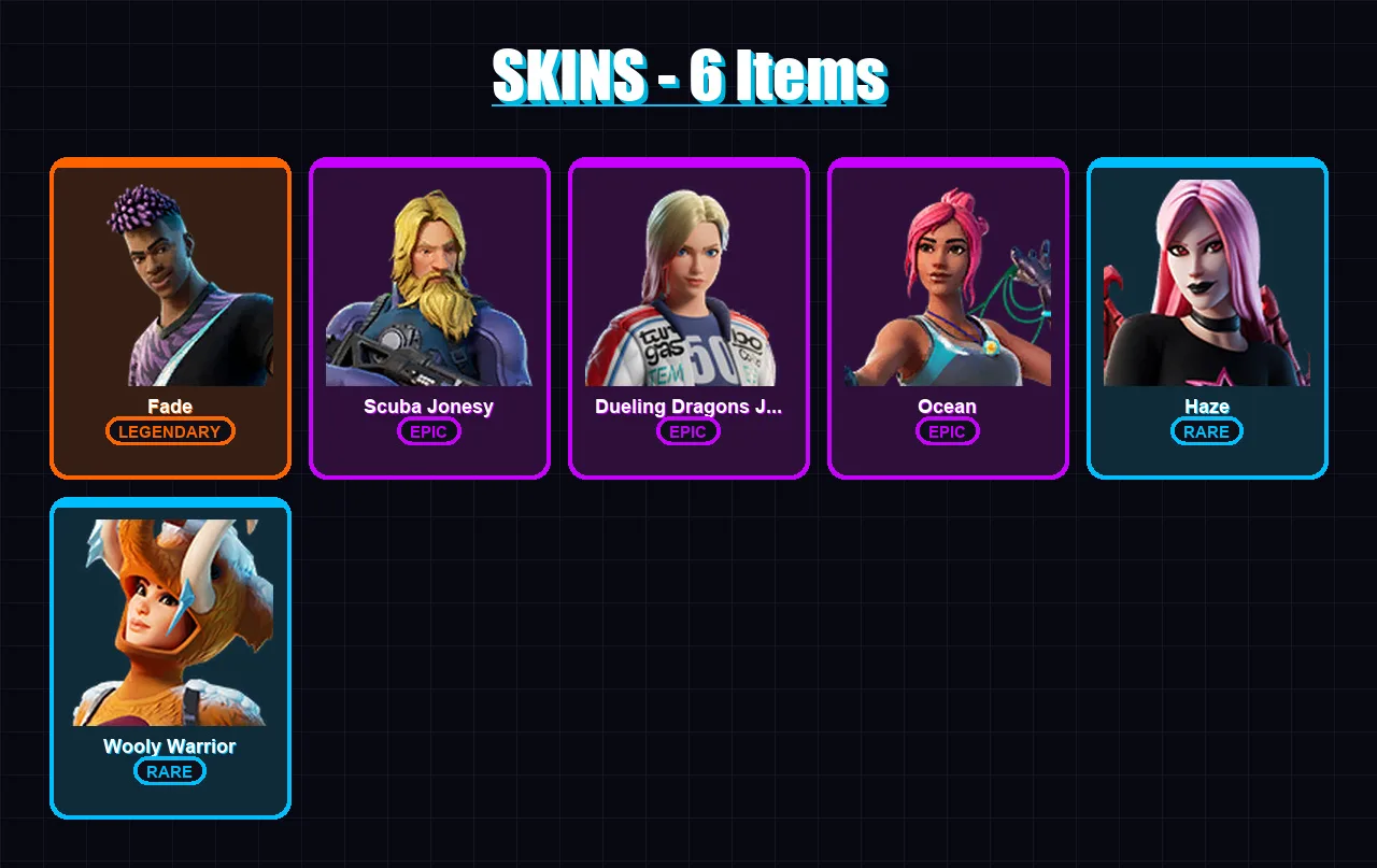 [PS4/PS5/XBOX/PC] | Fade | Scuba Jonesy | Dueling Dragons Jackie | Ocean | Haze | 6 skin | 10 pickaxe | 13 emote | 13 glider | Lv119