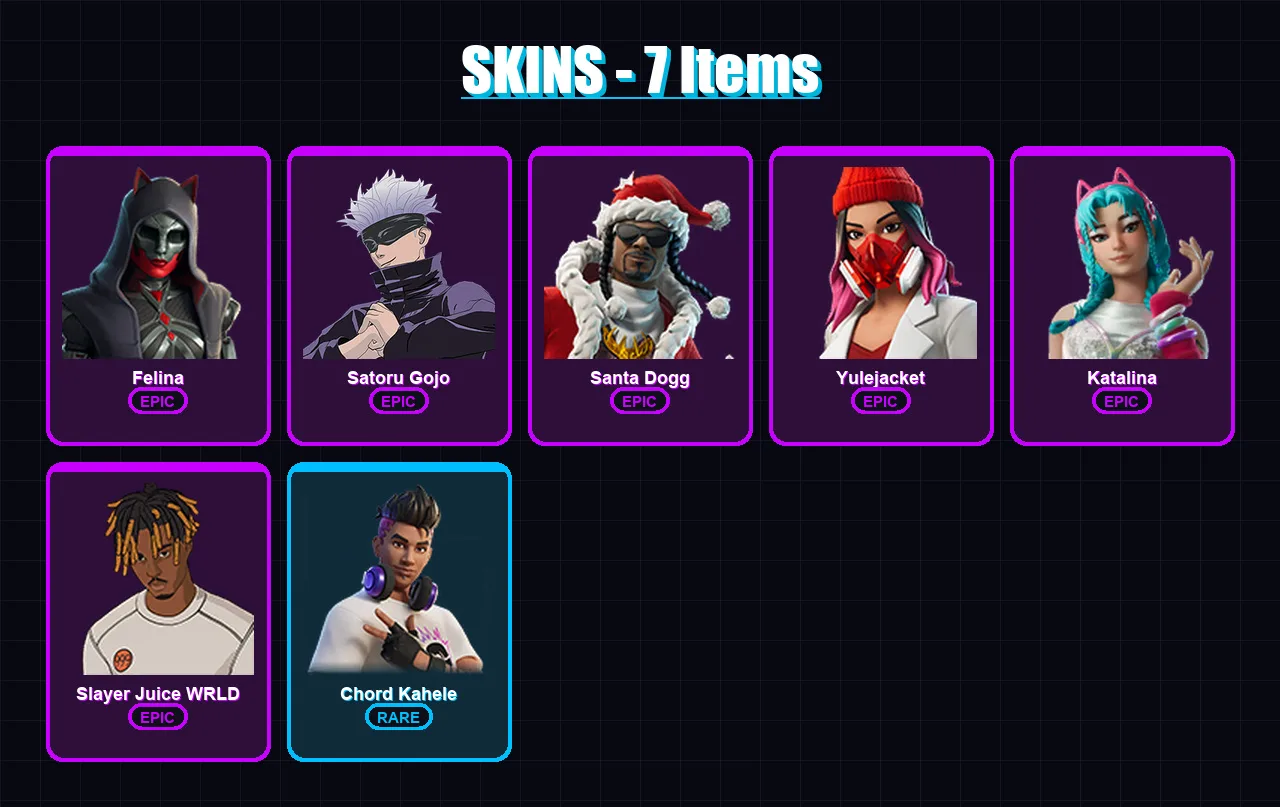 [PC/XBOX/PSN] | Felina | Satoru Gojo | Santa Dogg | Yulejacket | Katalina | 7 skin | 24 pickaxe | 8 emote | 14 glider | Lv299 — Game account