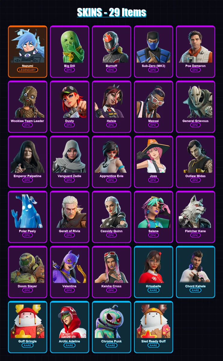 [PC/XBOX/PSN] | Nezumi | Big Dill | Burnoff | Sub-Zero (MK3) | Poe Dameron | 29 skin | 53 pickaxe | 38 emote | 48 glider | Lv933 — Fortnite account