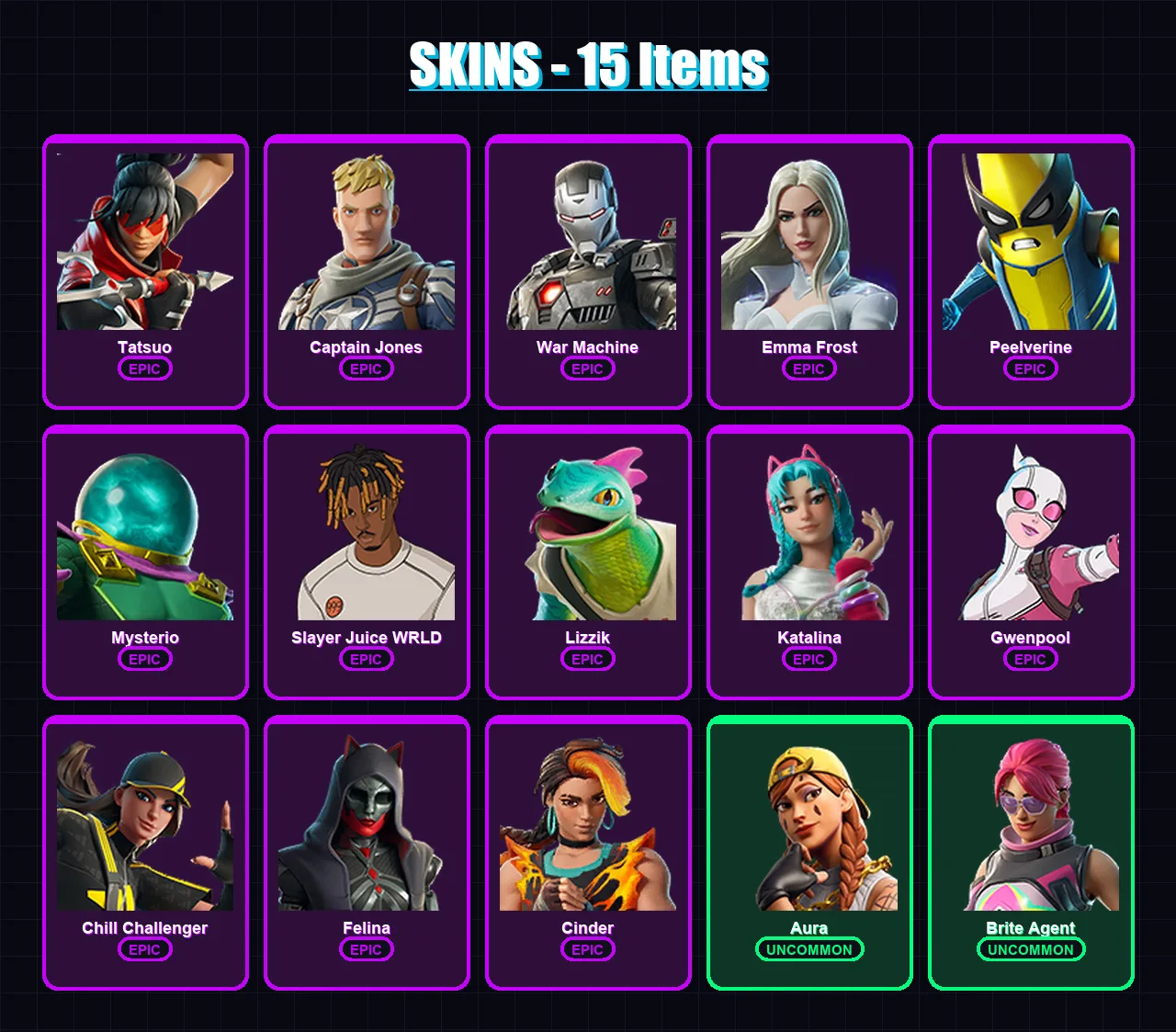 [PC/XBOX] | Tatsuo | Captain Jones | War Machine | Emma Frost | Peelverine | 15 skin | 18 pickaxe | 13 emote | 15 glider | Lv180