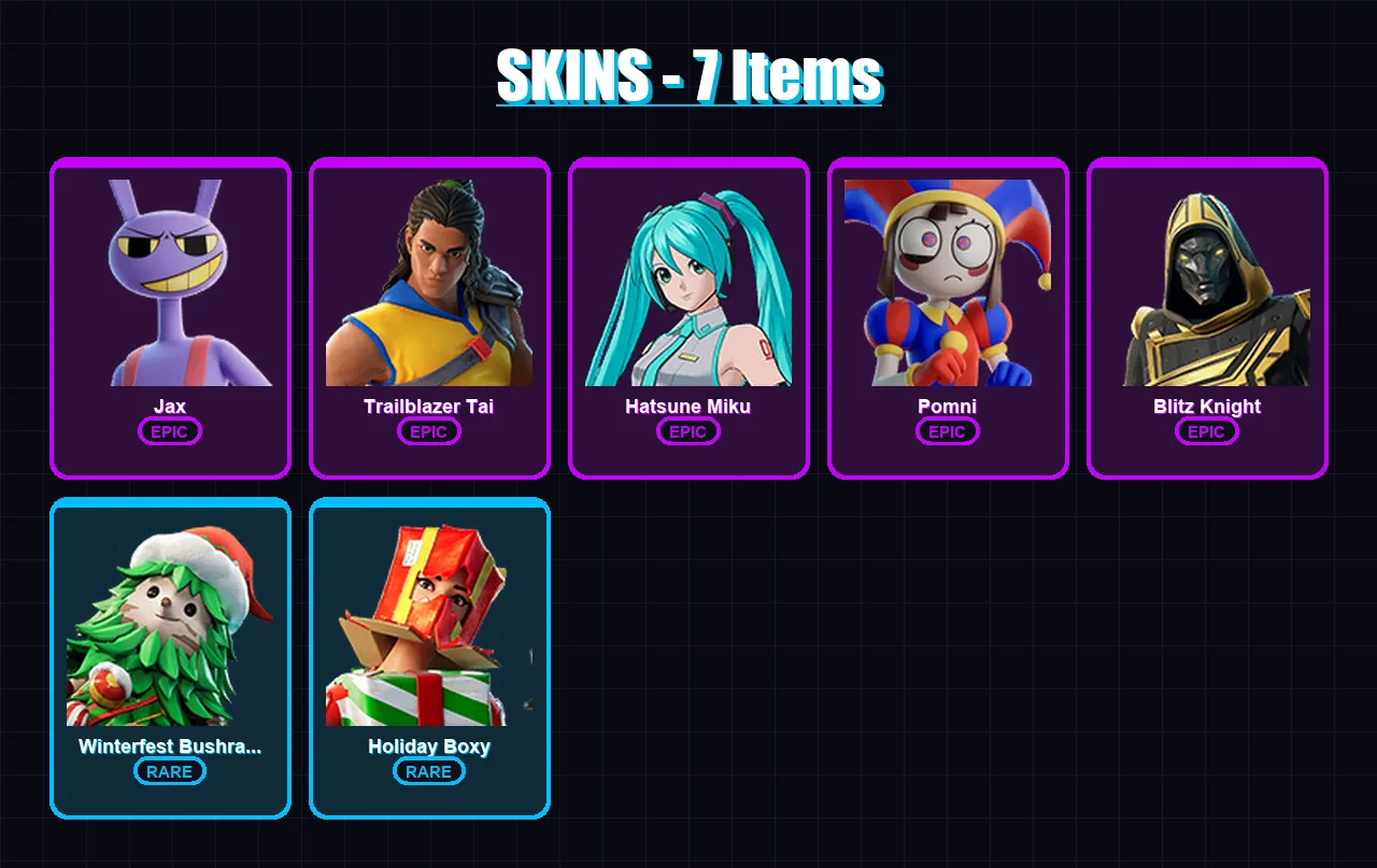 [PC/XBOX/PSN] | Jax | Trailblazer Tai | Hatsune Miku | Pomni | Blitz Knight | 7 skin | 34 pickaxe | 9 emote | 17 glider | Lv193