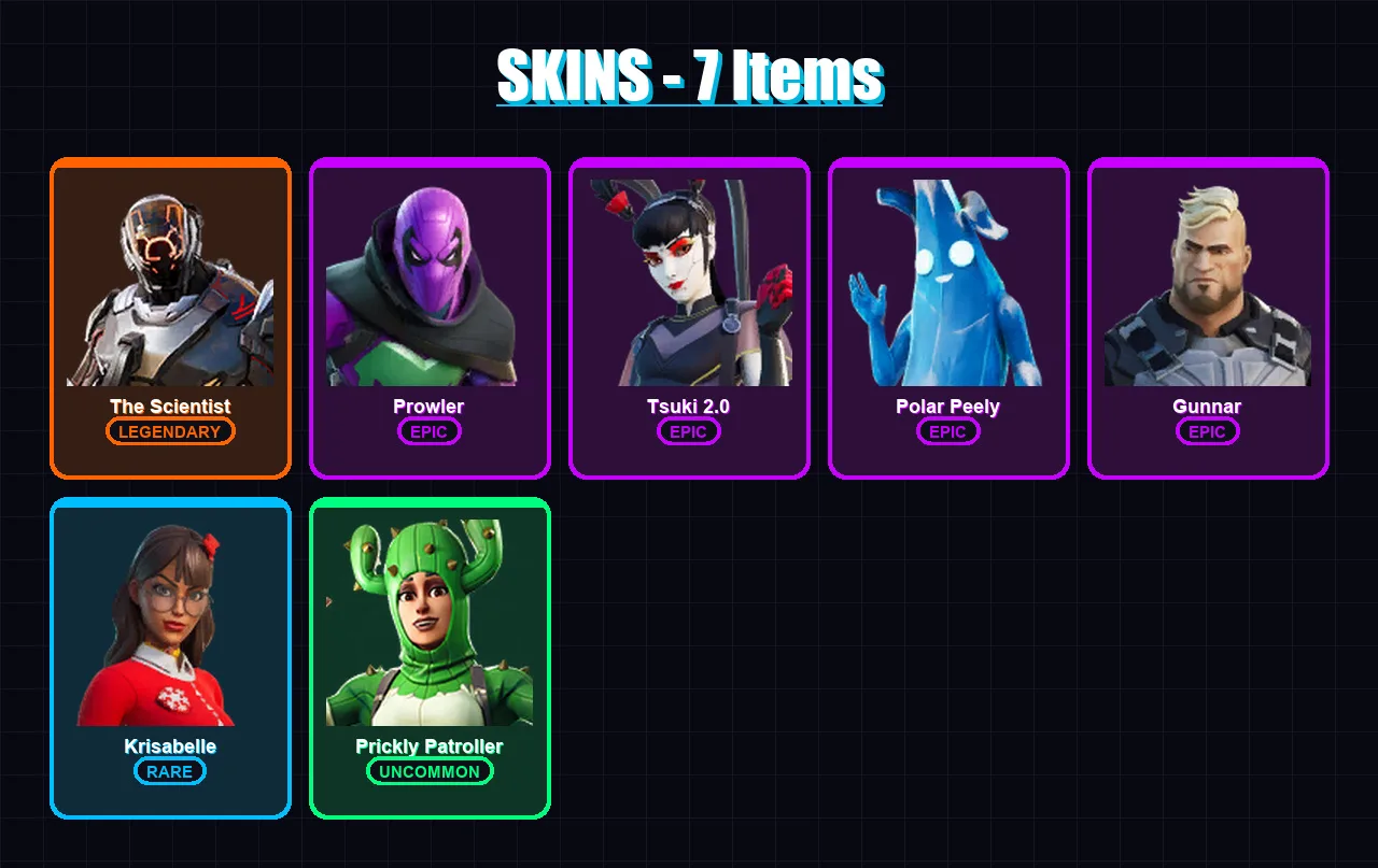 [PC/XBOX/PSN] | The Scientist | Prowler | Tsuki 2.0 | Polar Peely | Gunnar | 7 skin | 13 pickaxe | 15 emote | 24 glider | Lv296